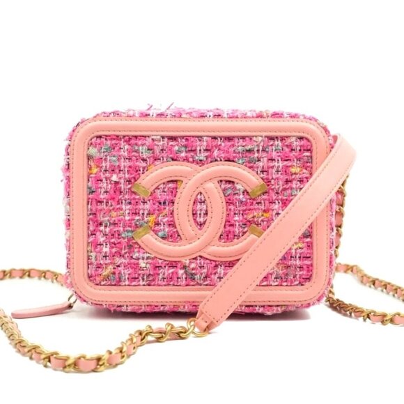 CHANEL Tweed Filigree Vanity Case Quilted Pink Chain Lambskin Bag Tote - Picture 2 of 12